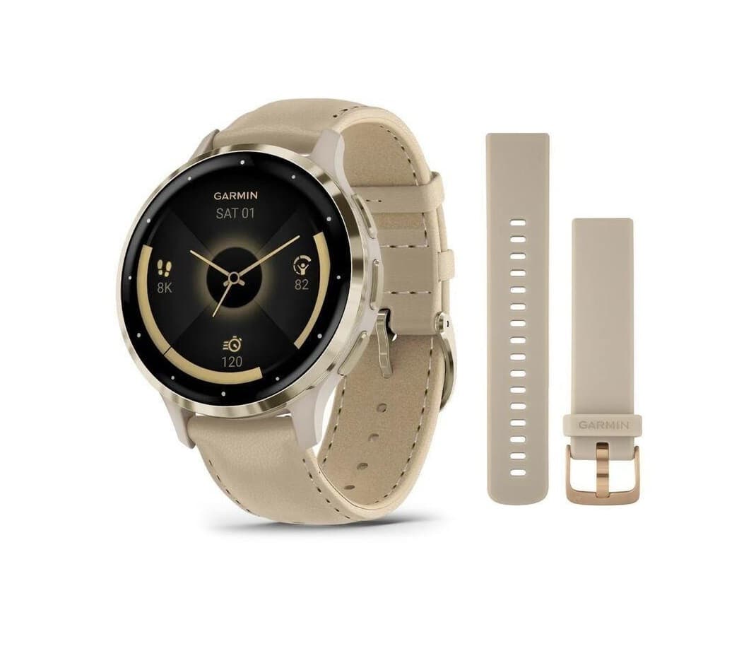 GARMIN Venu 3S - Soft gold stainless steel bezel with French grey case and leather band — фото 2