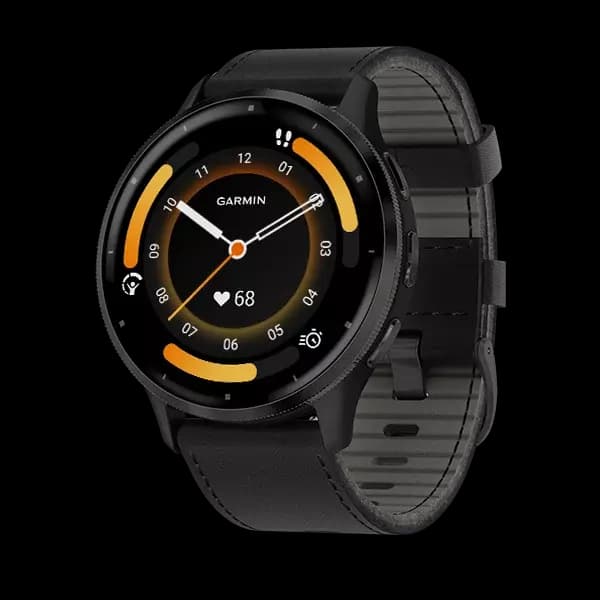 GARMIN Venu 3 - Slate stainless steel bezel with black case and black leather band — купить Garmin в Москве