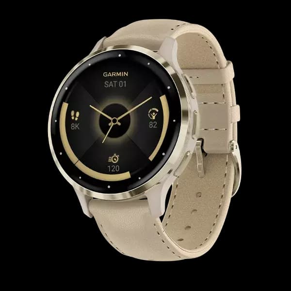 GARMIN Venu 3S - Soft gold stainless steel bezel with French grey case and leather band — купить Garmin в Москве
